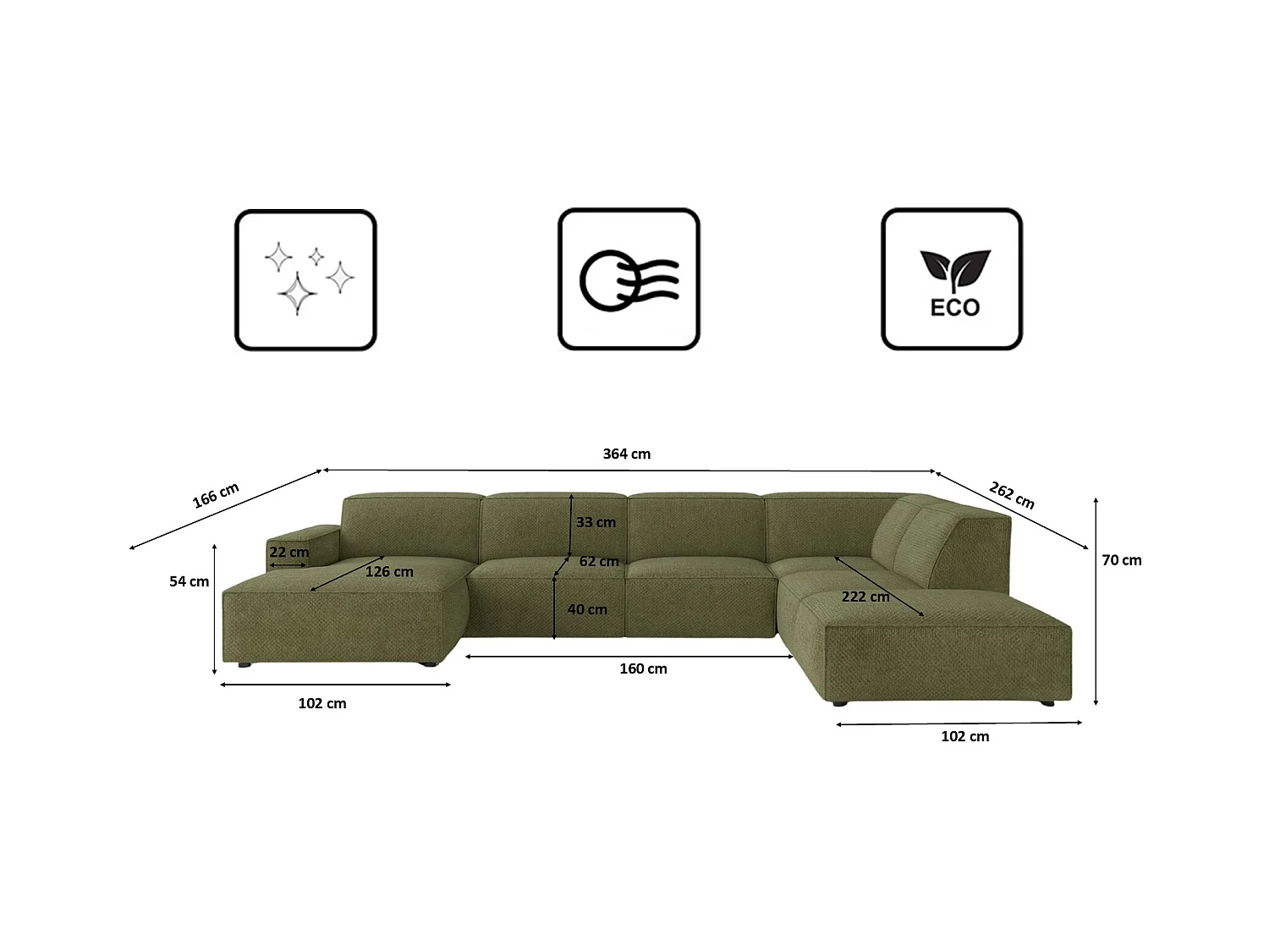 Ecksofa U-Form Cursal V, Stoff Artico, Moss, Rechts