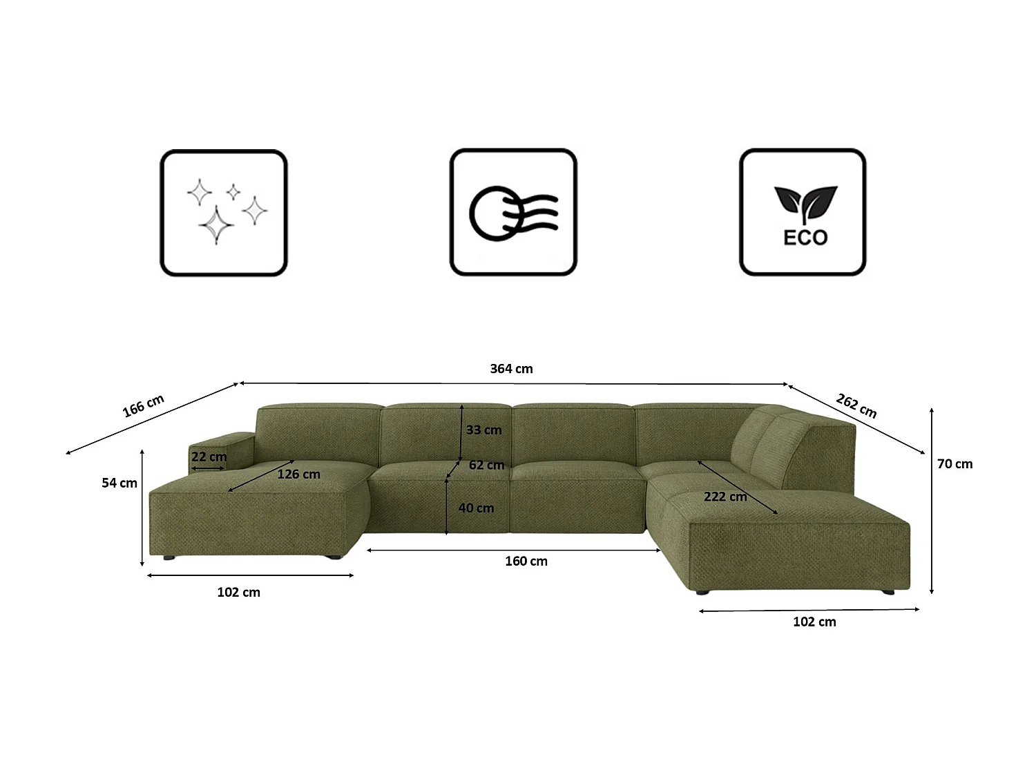 Canapé d'angle en U Cursal V, tissu Artico, Moss, droit