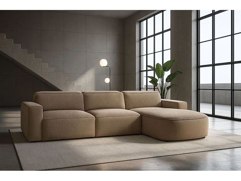 Canapé d'angle en L Round Cursal, tissu Poso, beige foncé, droit