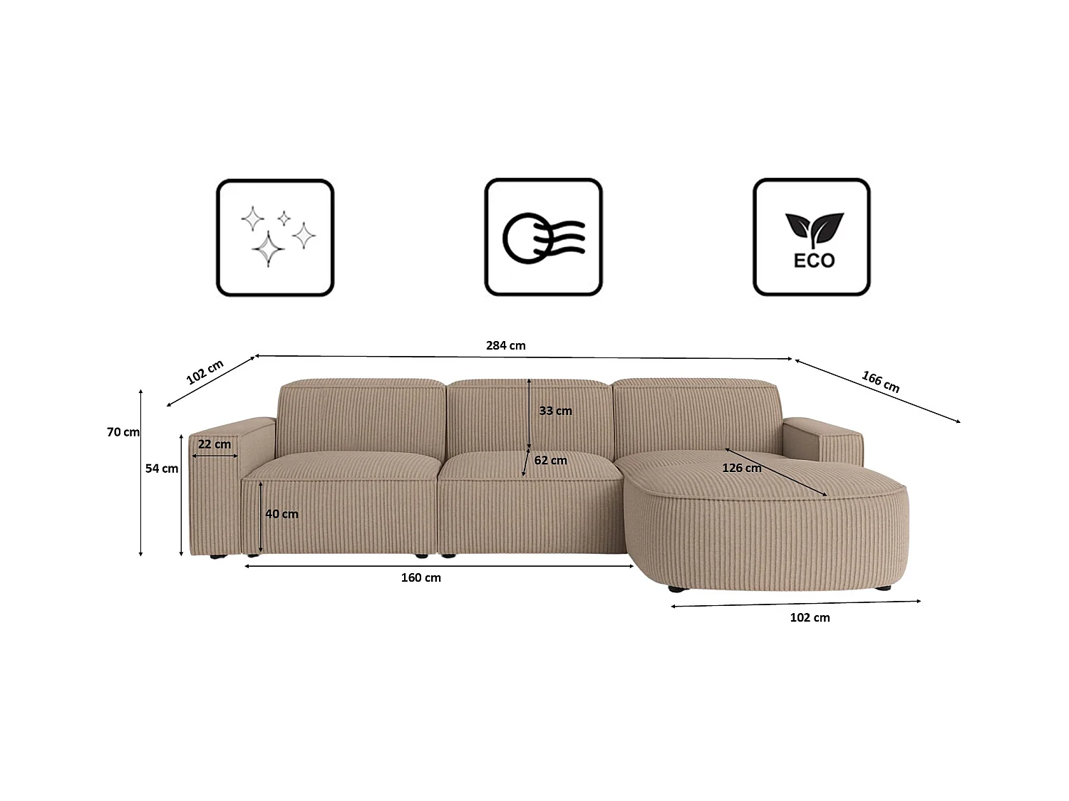 Divano angolare a L Round Cursal, tessuto Poso, beige scuro, destra