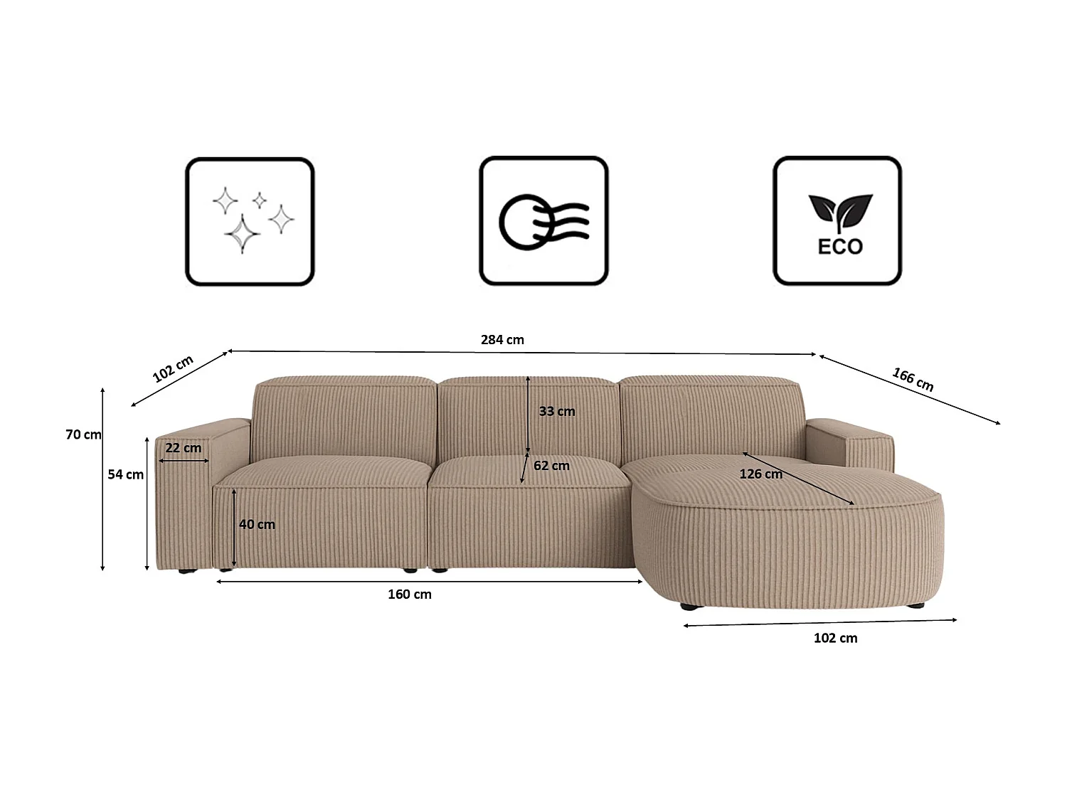 Canapé d'angle en L Round Cursal, tissu Poso, beige foncé, droit