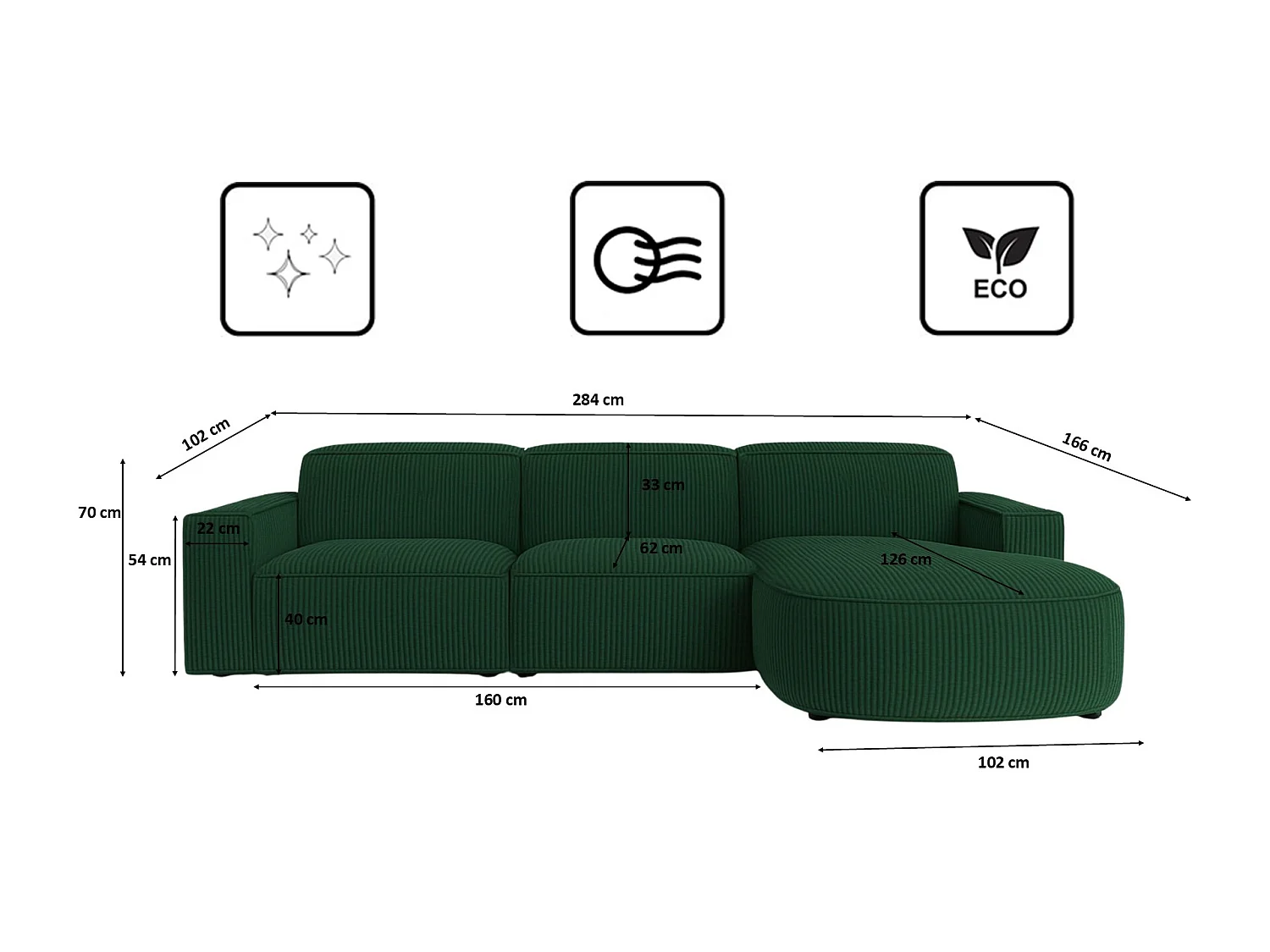 Canapé d'angle en L Round Cursal, tissu Poso, vert, droit