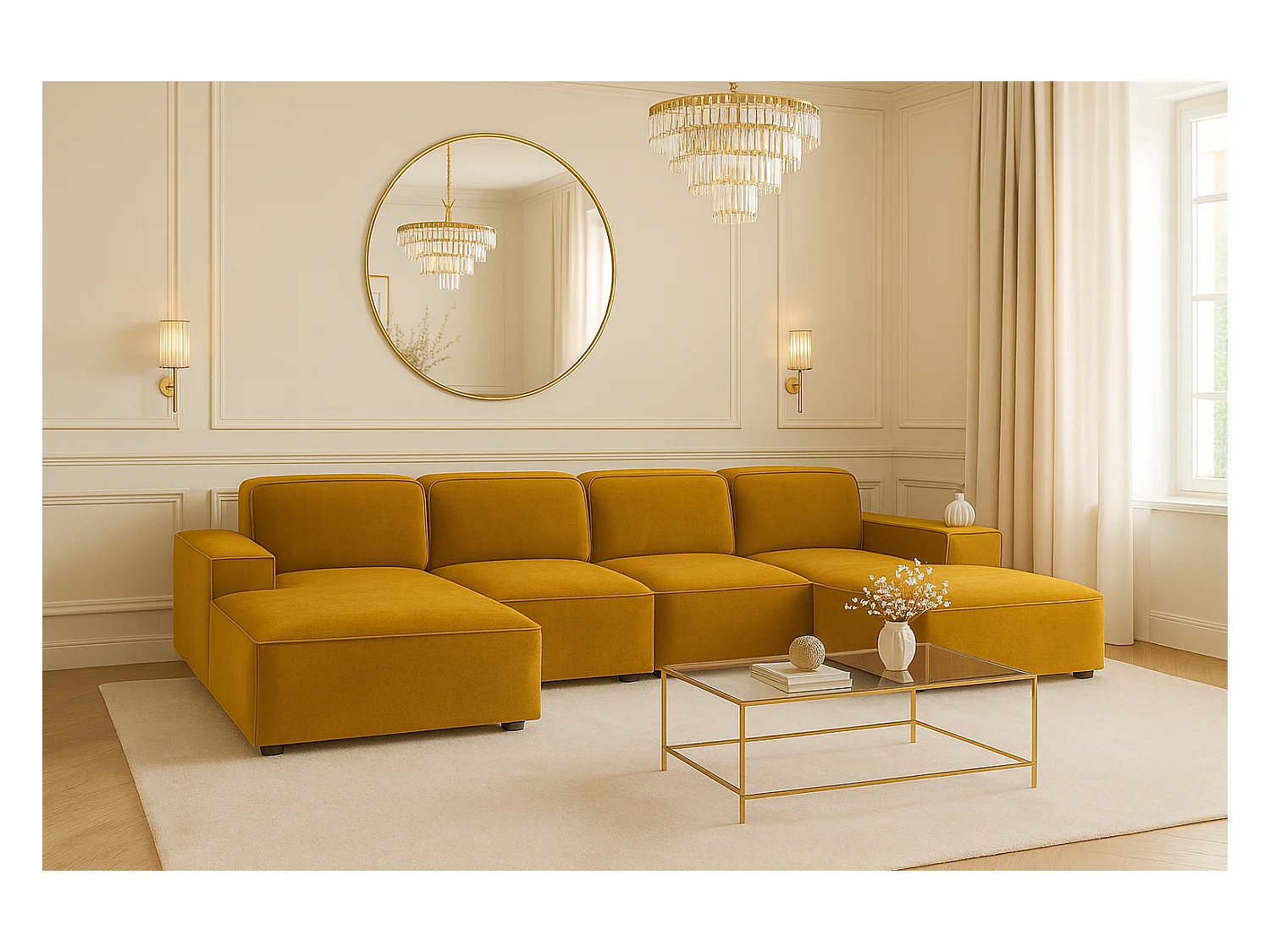 Ecksofa U-Form Cursal, Stoff Salvador, Gelb