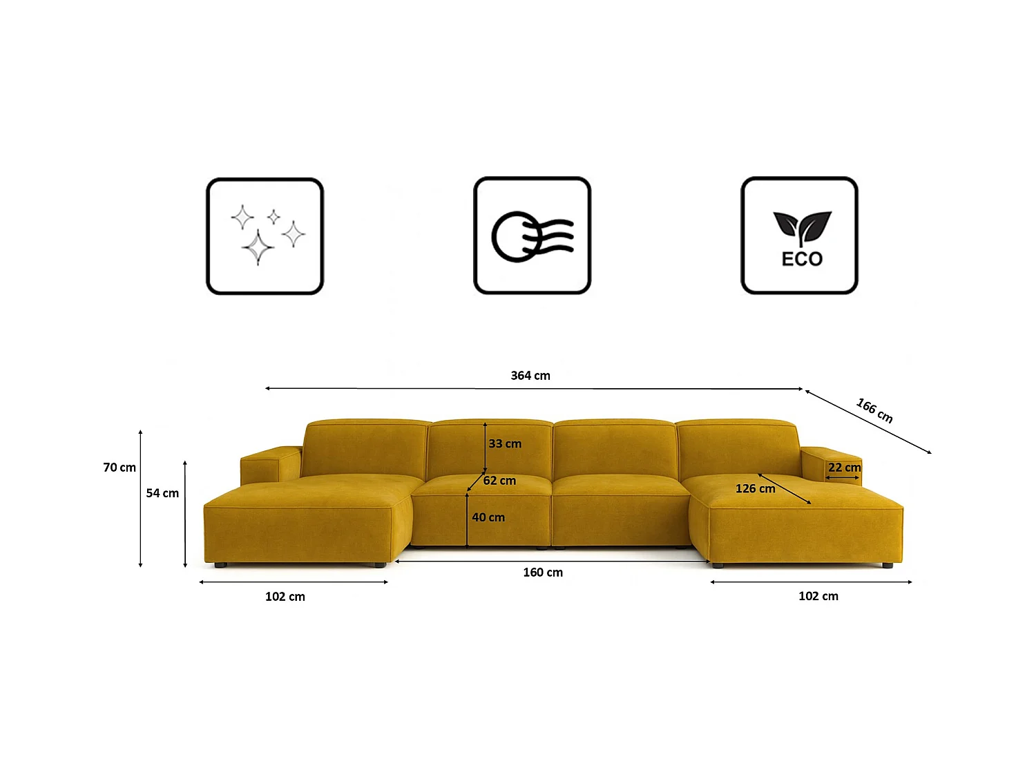 Ecksofa U-Form Cursal, Stoff Salvador, Gelb