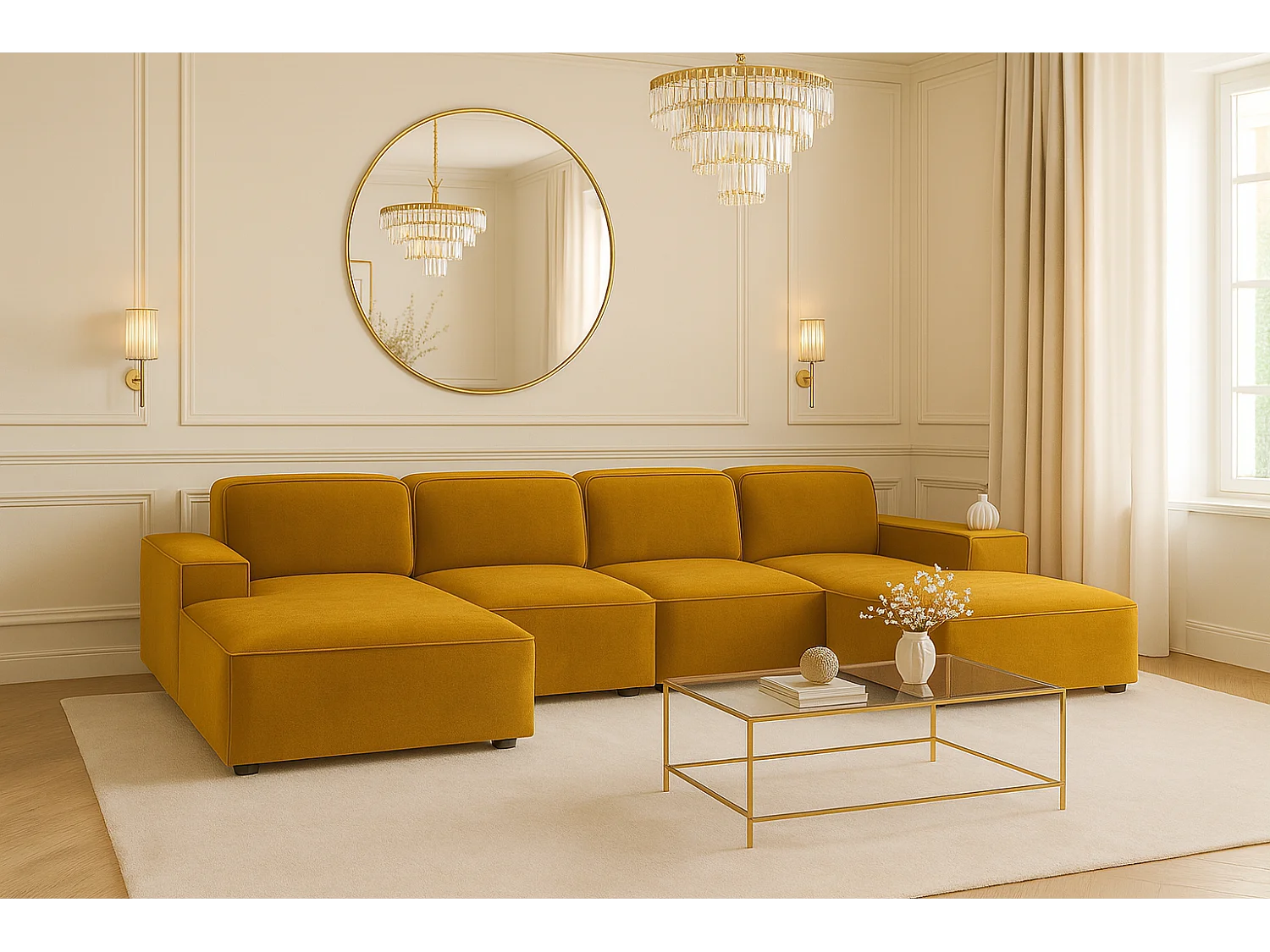 Ecksofa U-Form Cursal, Stoff Salvador, Gelb