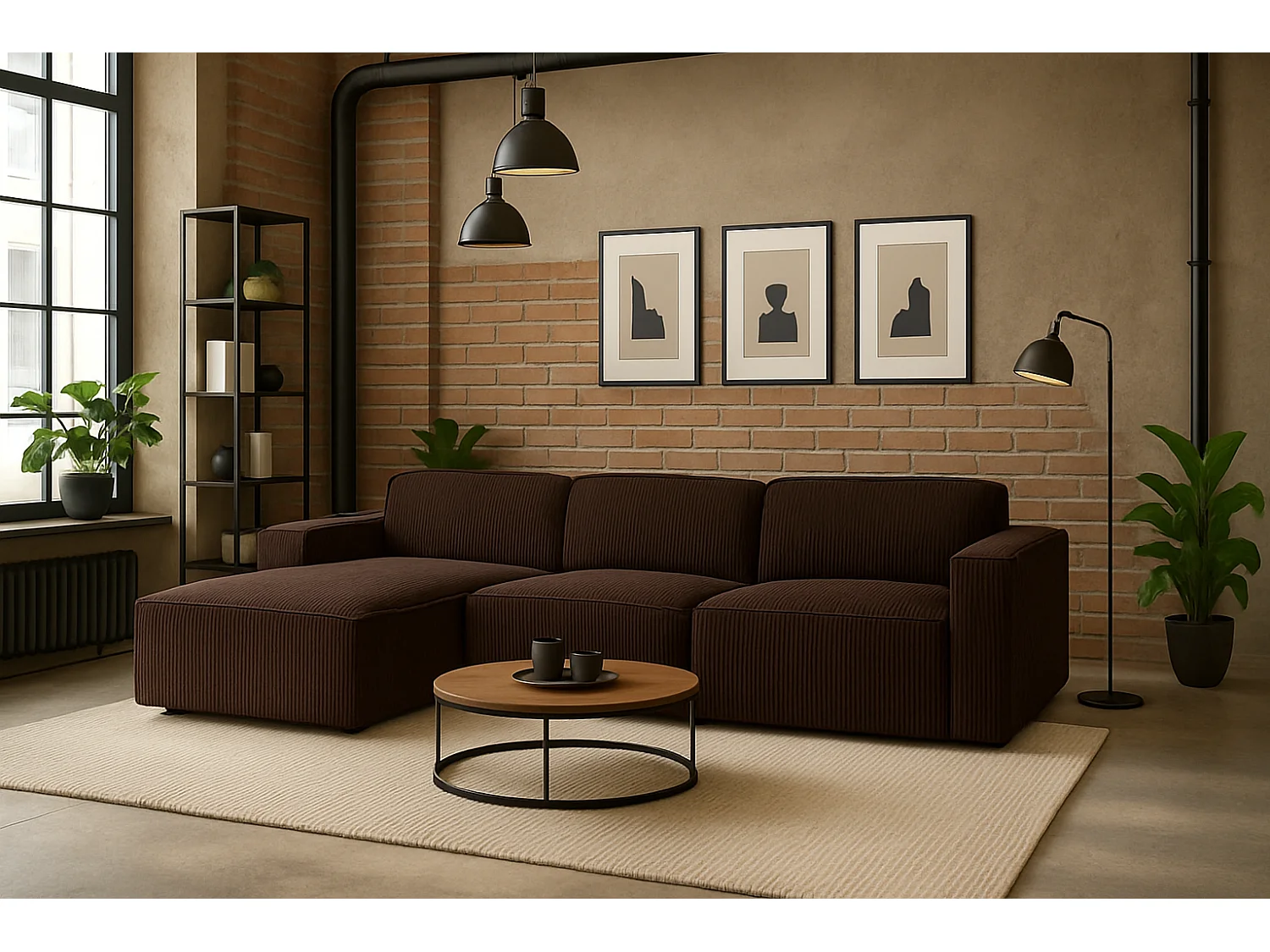 Canapé d'angle en L Cursal, tissu Poso, marron, gauche