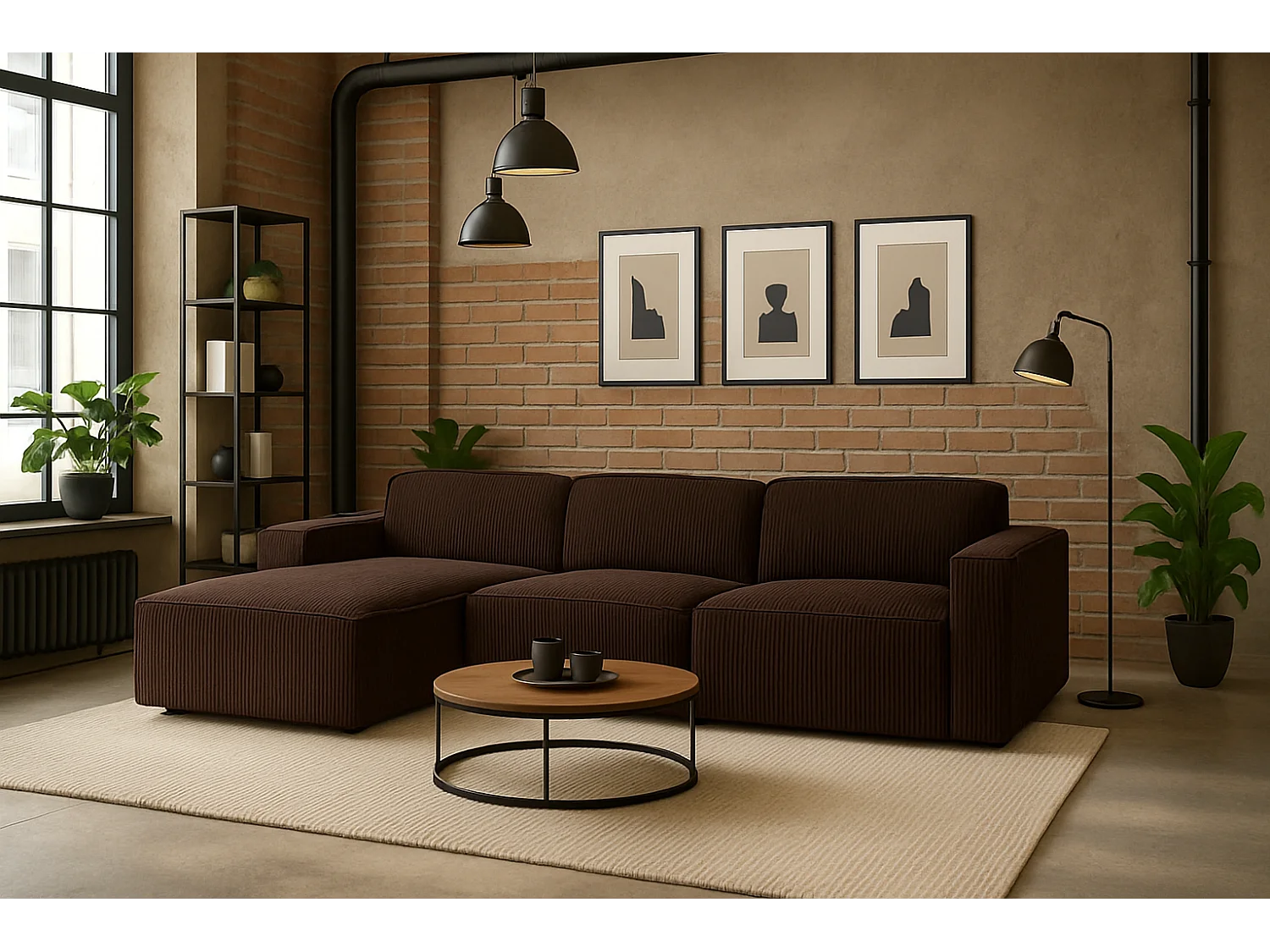 Canapé d'angle en L Cursal, tissu Poso, marron, gauche