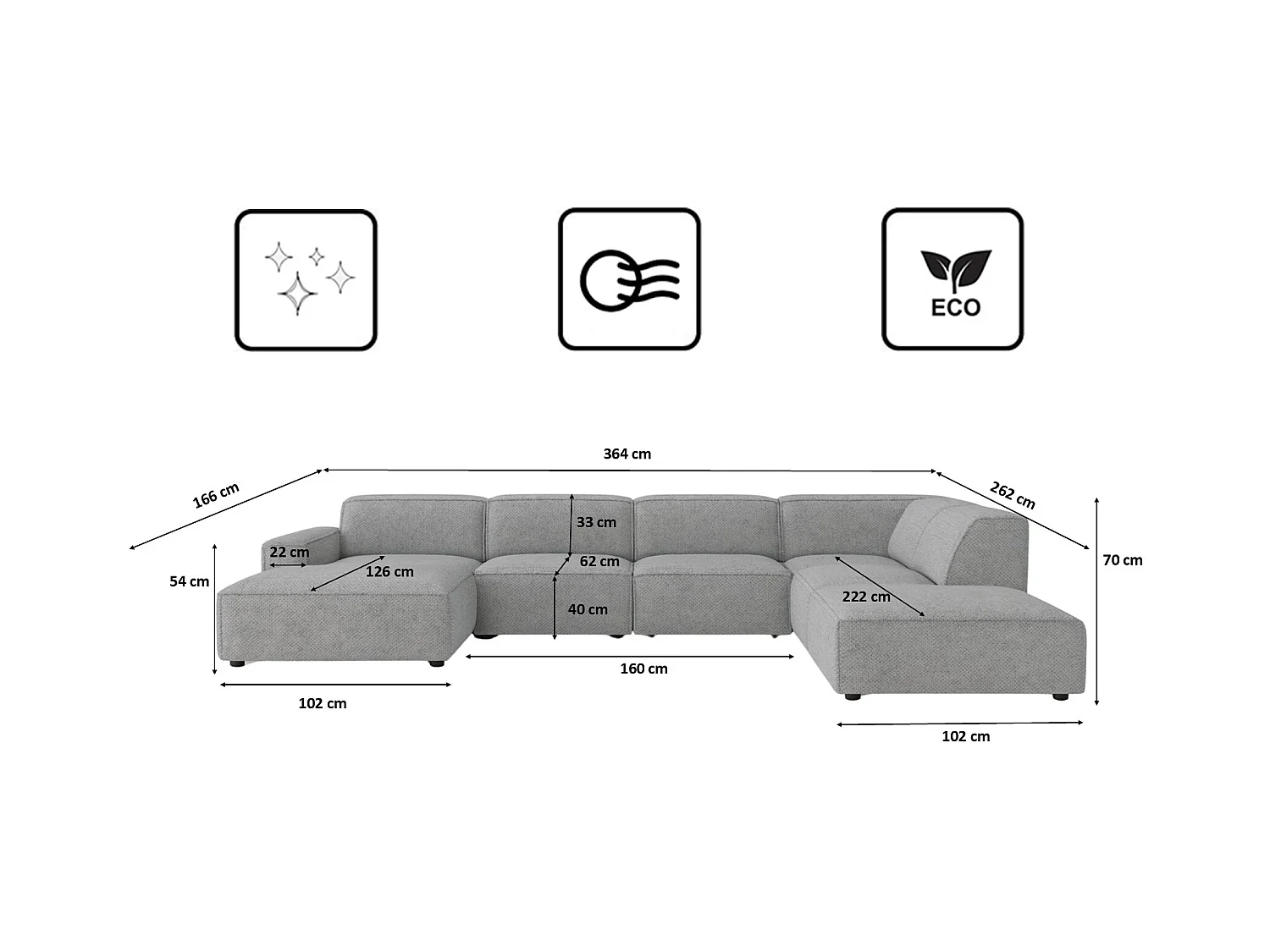 Ecksofa U-Form Cursal V, Stoff Artico, Cement, Rechts