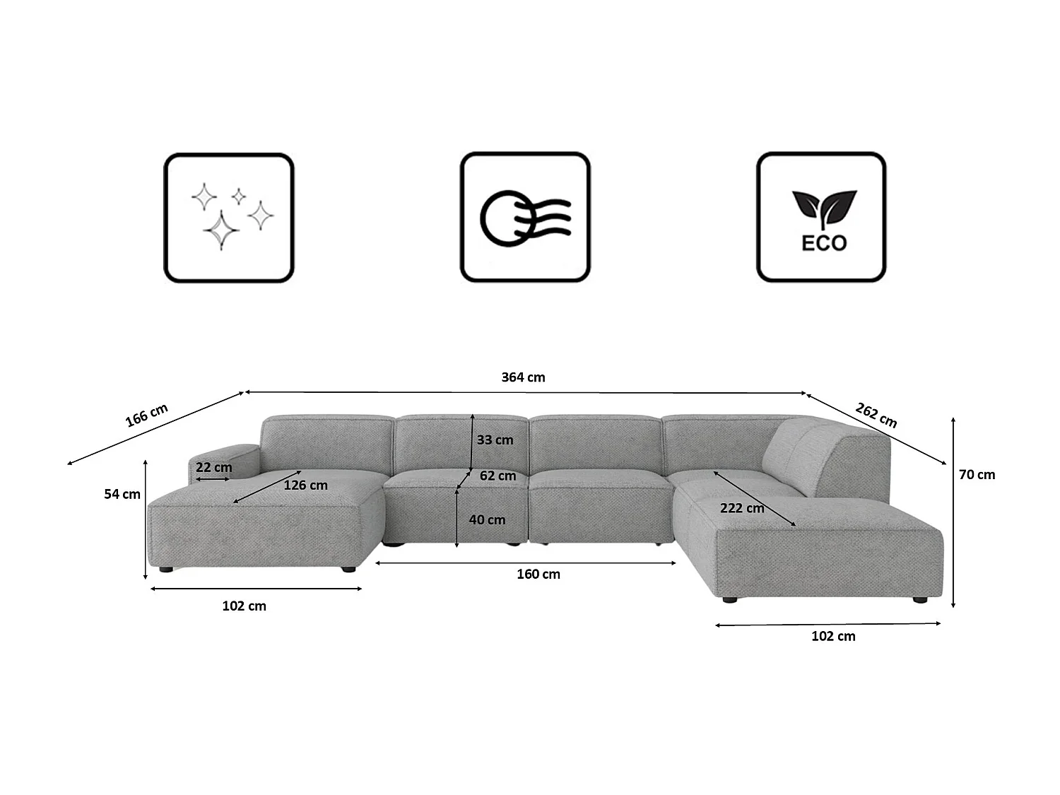 Canapé d'angle en U Cursal V, tissu Artico, Ciment, droit