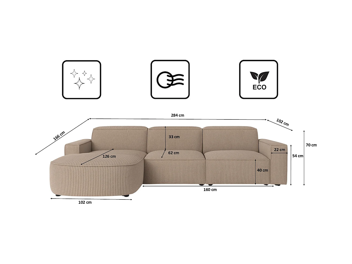 Divano angolare a L Round Cursal, tessuto Poso, beige scuro, sinistro