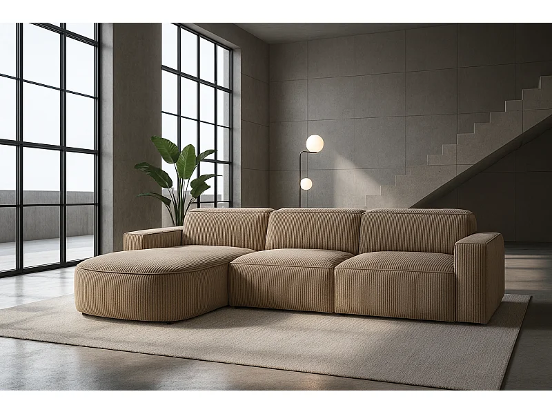 Canapé d'angle en L Round Cursal, tissu Poso, beige foncé, gauche