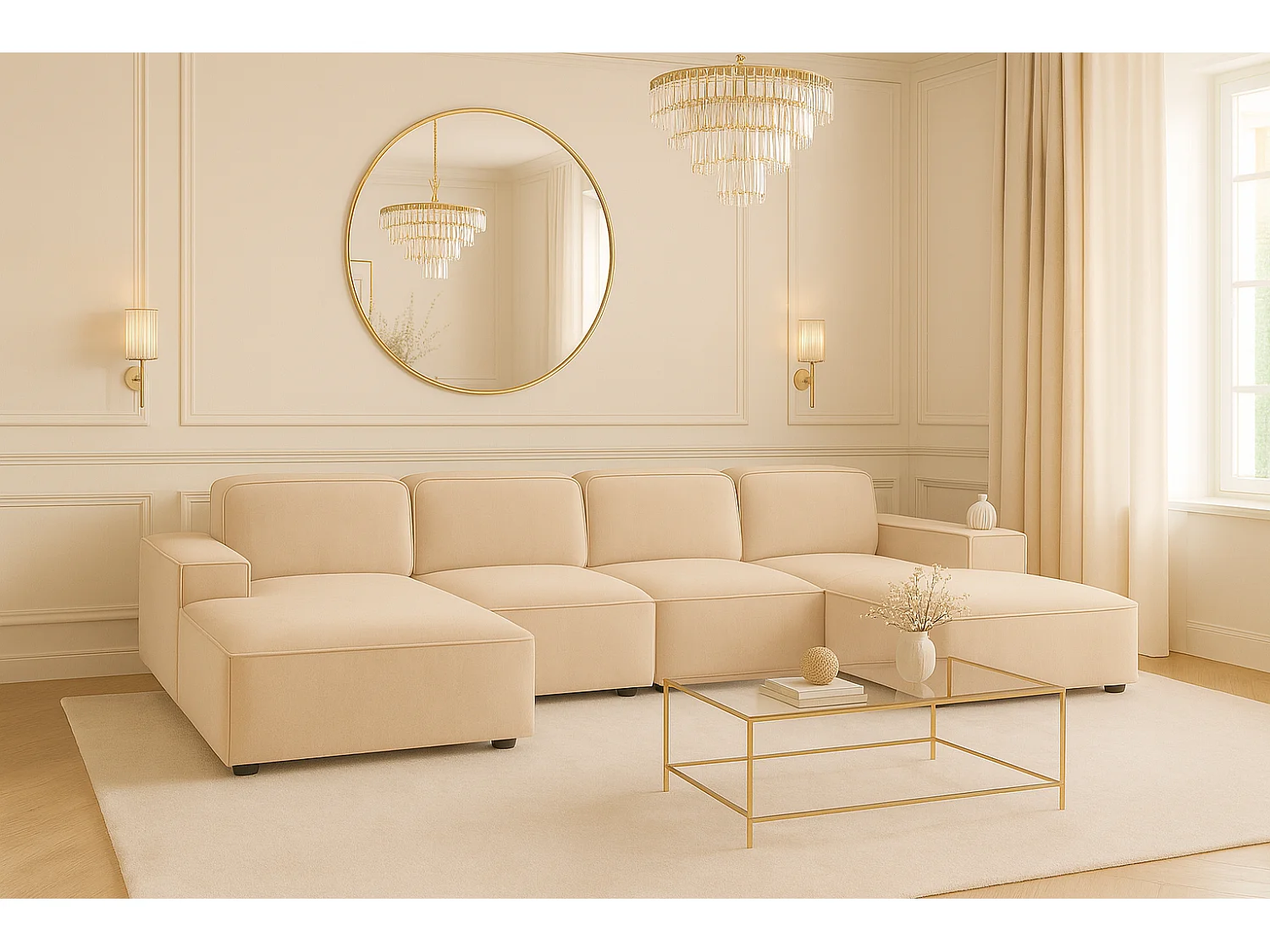 Ecksofa U-Form Cursal, Stoff Salvador, Beige