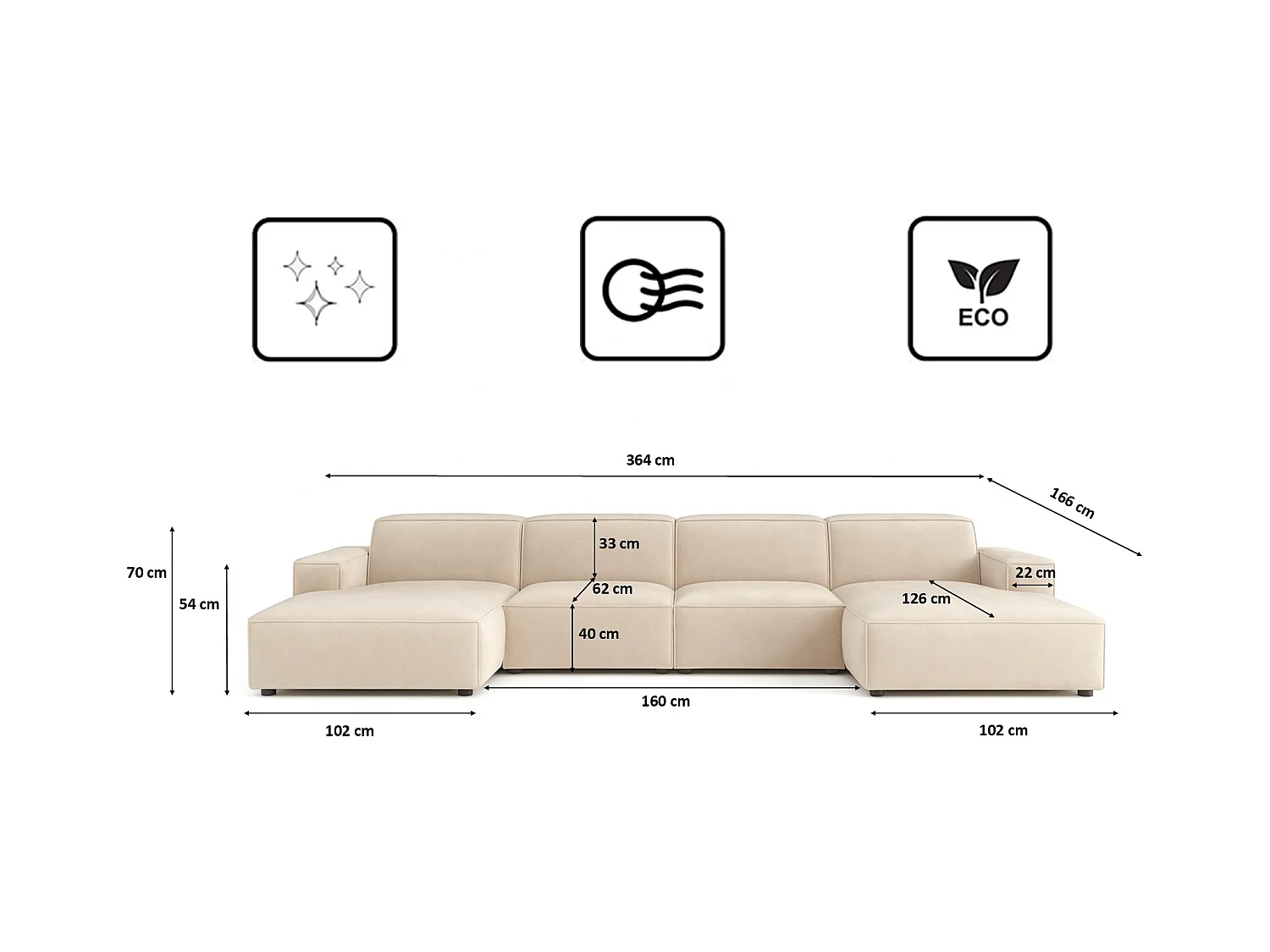 Ecksofa U-Form Cursal, Stoff Salvador, Beige