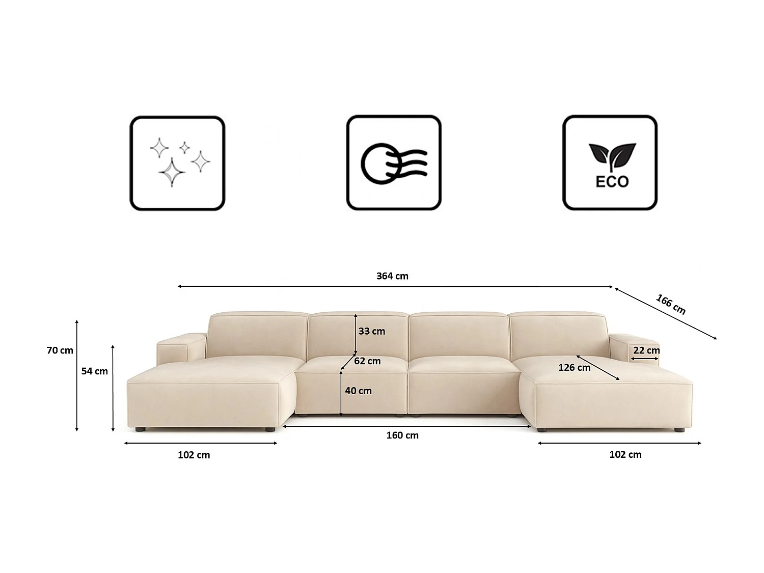 Canapé d'angle en U Cursal, tissu Salvador, beige