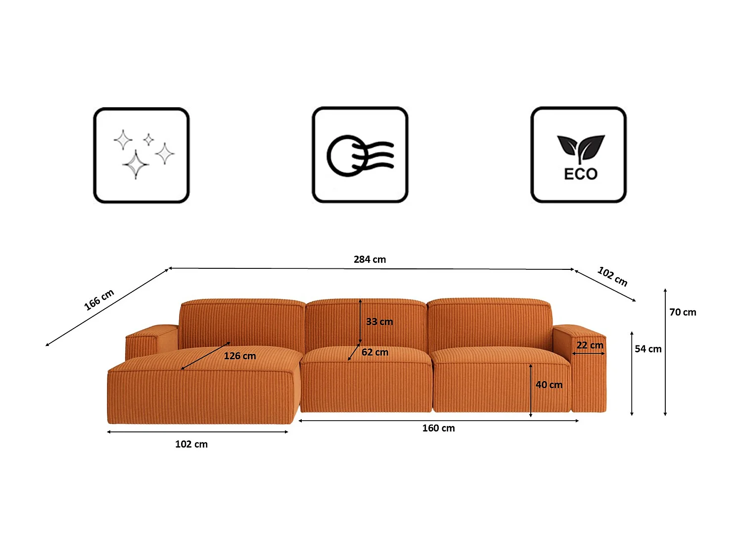 Canapé d'angle en L Cursal, tissu Poso, cuivre, gauche