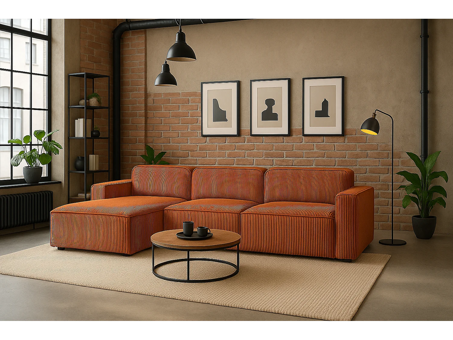 Canapé d'angle en L Cursal, tissu Poso, cuivre, gauche