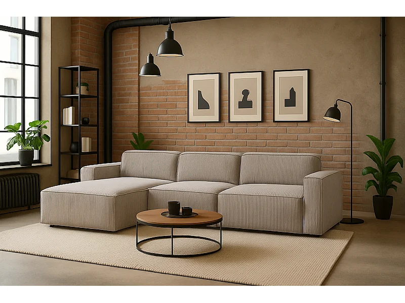 Canapé d'angle en L Cursal, tissu Poso, beige, gauche