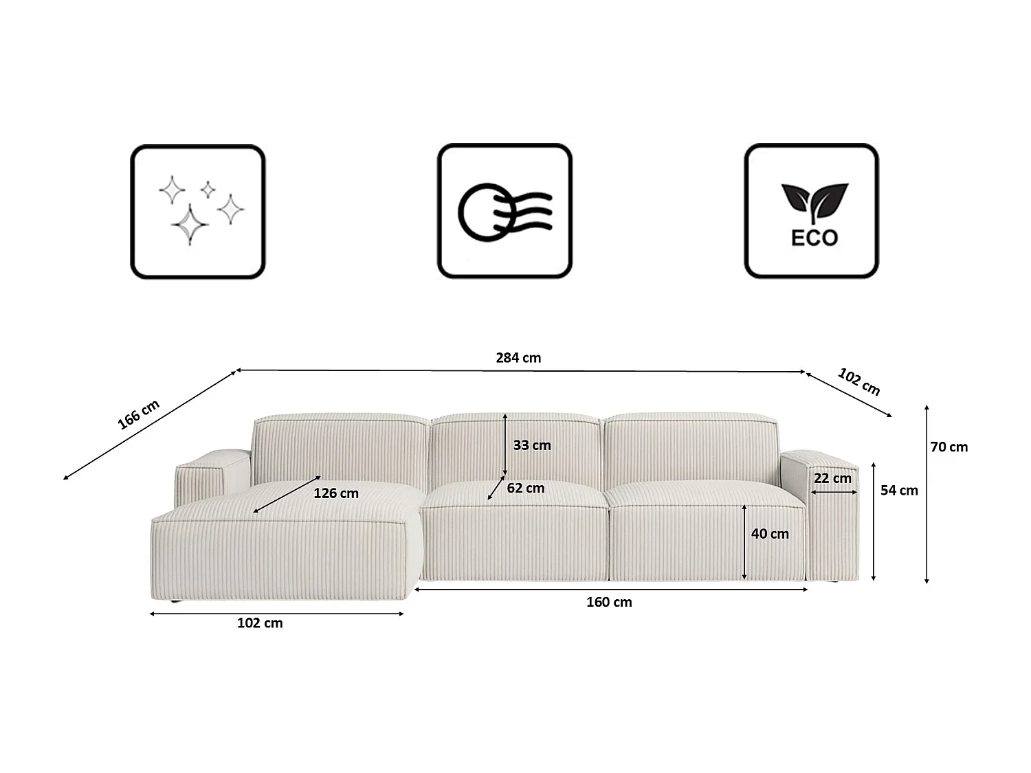 Canapé d'angle en L Cursal, tissu Poso, beige, gauche
