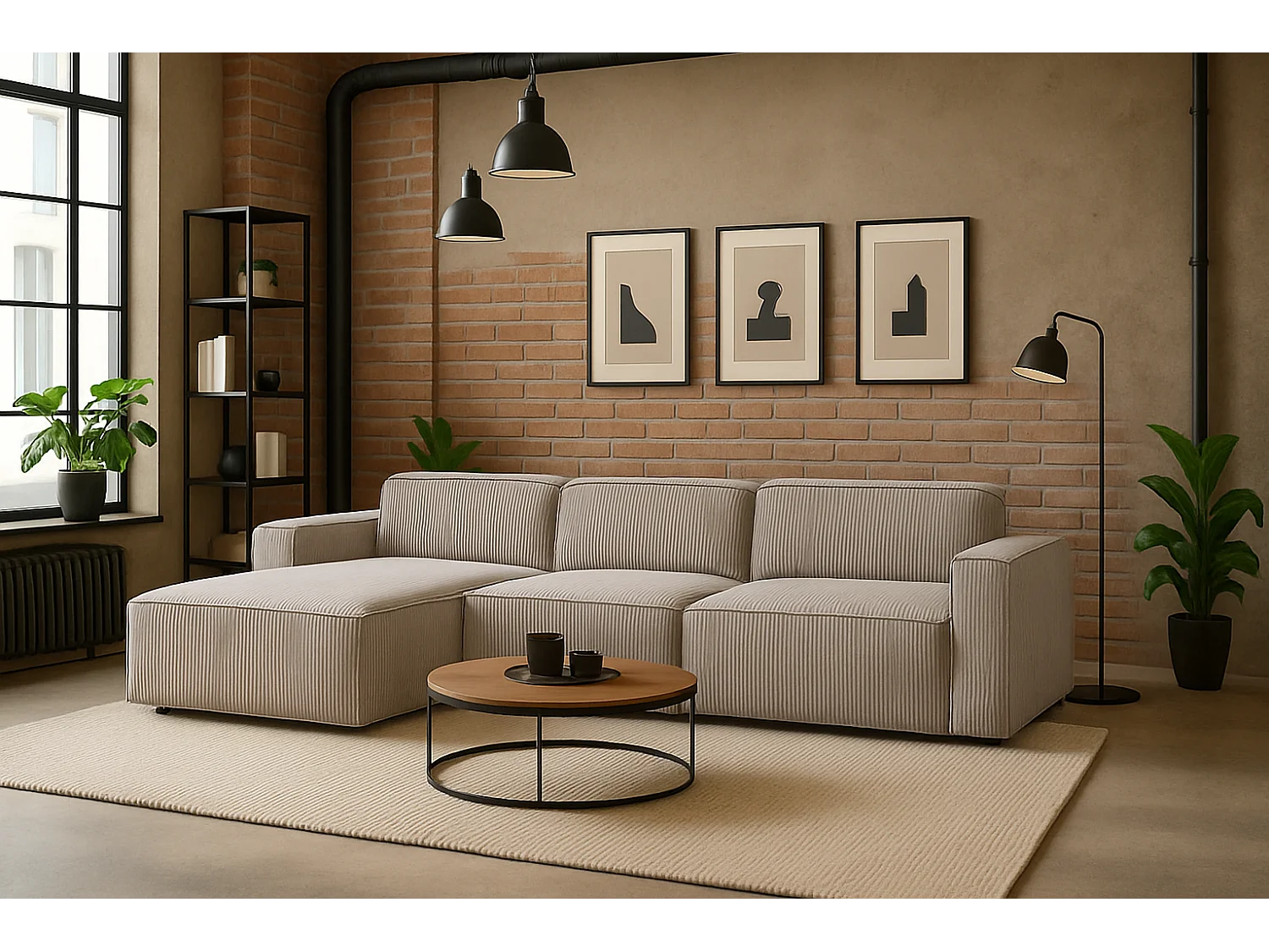 Canapé d'angle en L Cursal, tissu Poso, beige, gauche