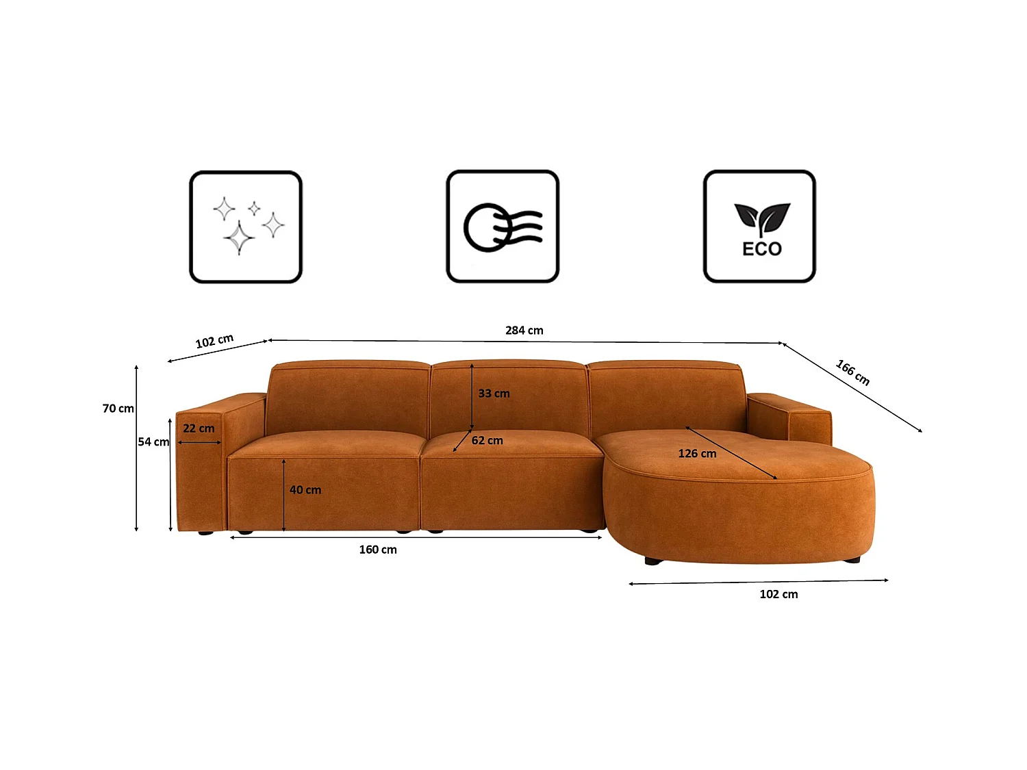 Canapé d'angle en L Round Cursal, tissu Salvador, marron, droit
