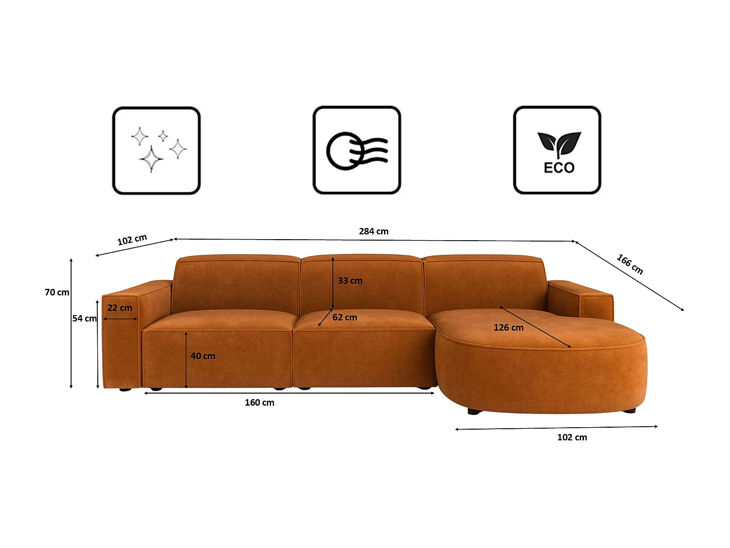 Canapé d'angle en L Round Cursal, tissu Salvador, marron, droit