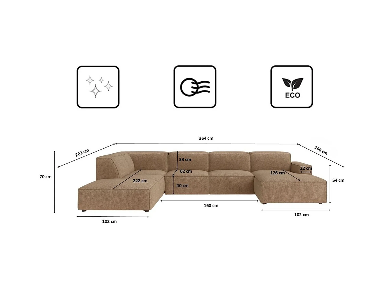 Ecksofa U-Form Cursal V, Stoff Artico, Beige, Links