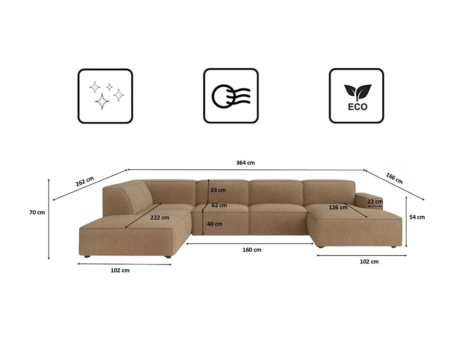 Canapé d'angle en U Cursal V, tissu Artico, beige, gauche