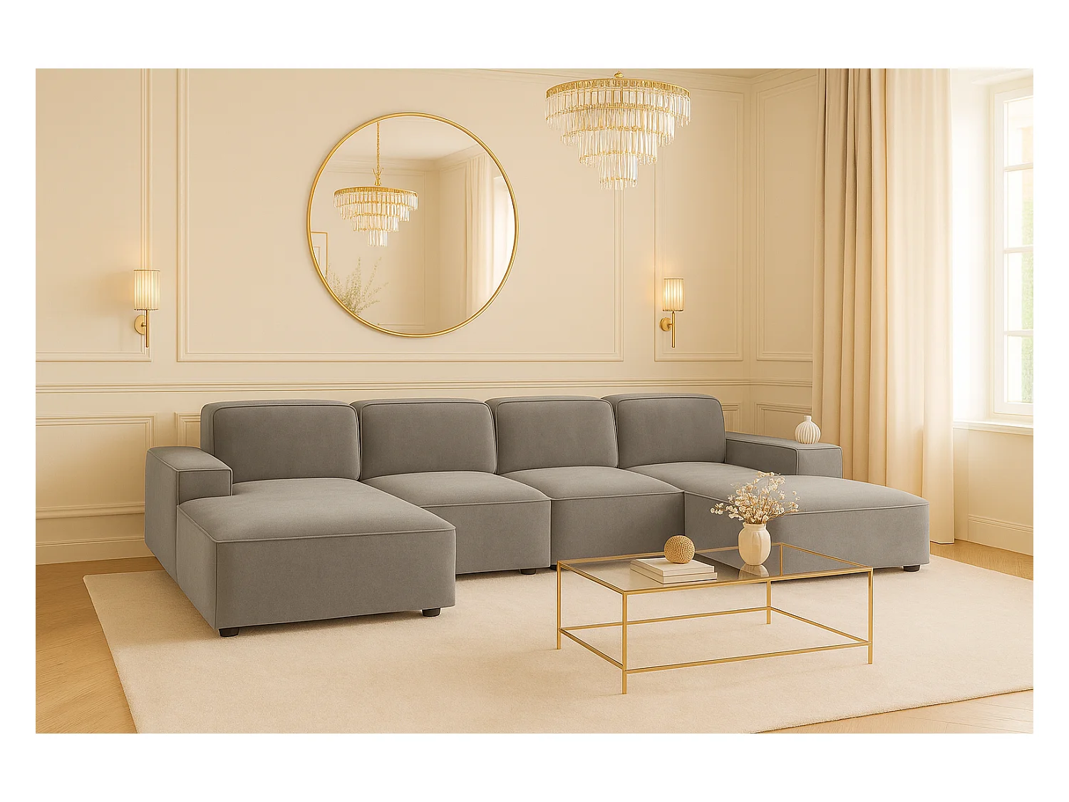 Ecksofa U-Form Cursal, Stoff Salvador, Grau