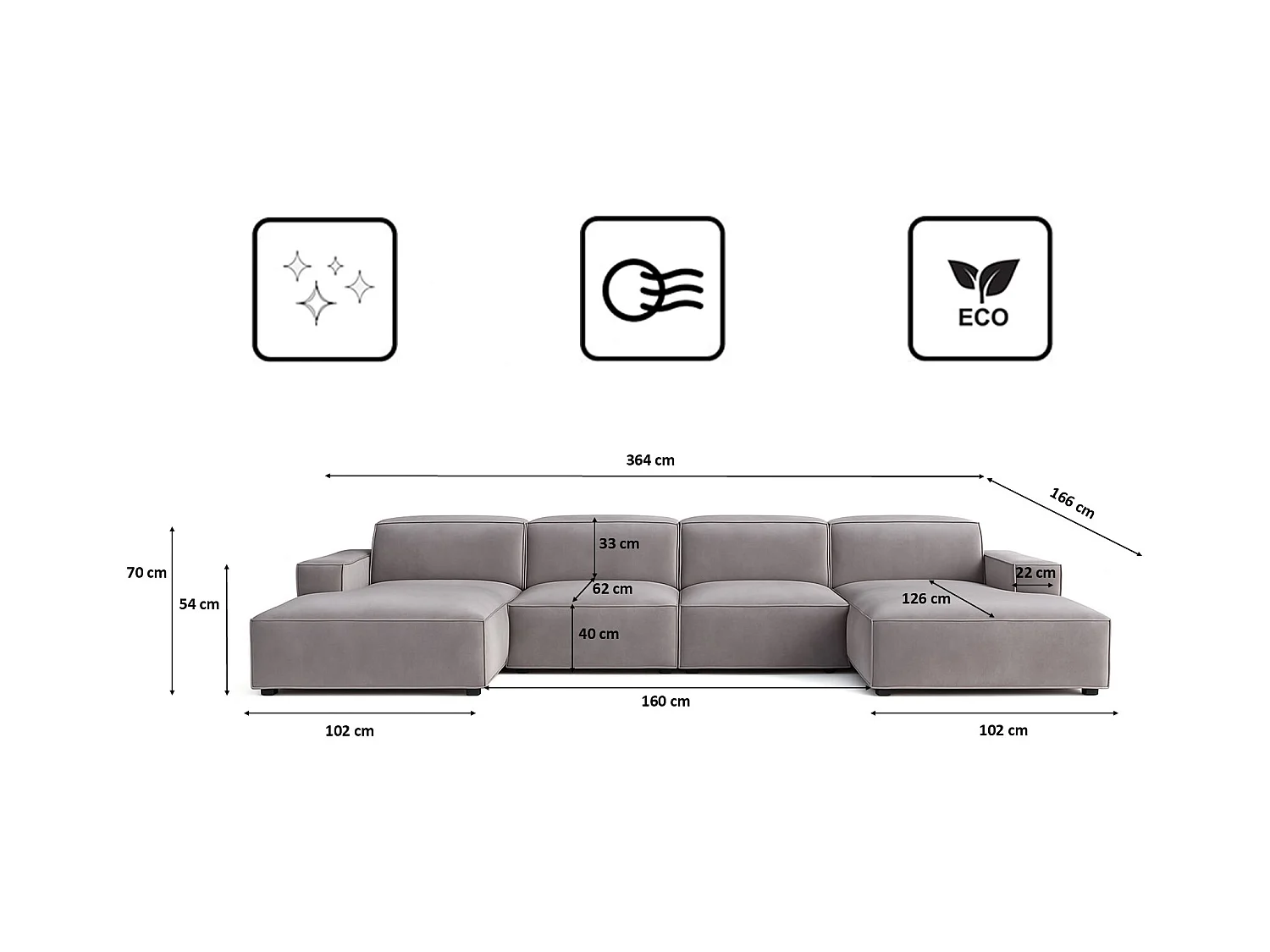 Ecksofa U-Form Cursal, Stoff Salvador, Grau