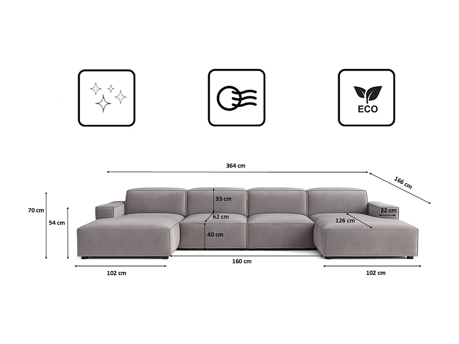 Canapé d'angle en U Cursal, tissu Salvador, gris