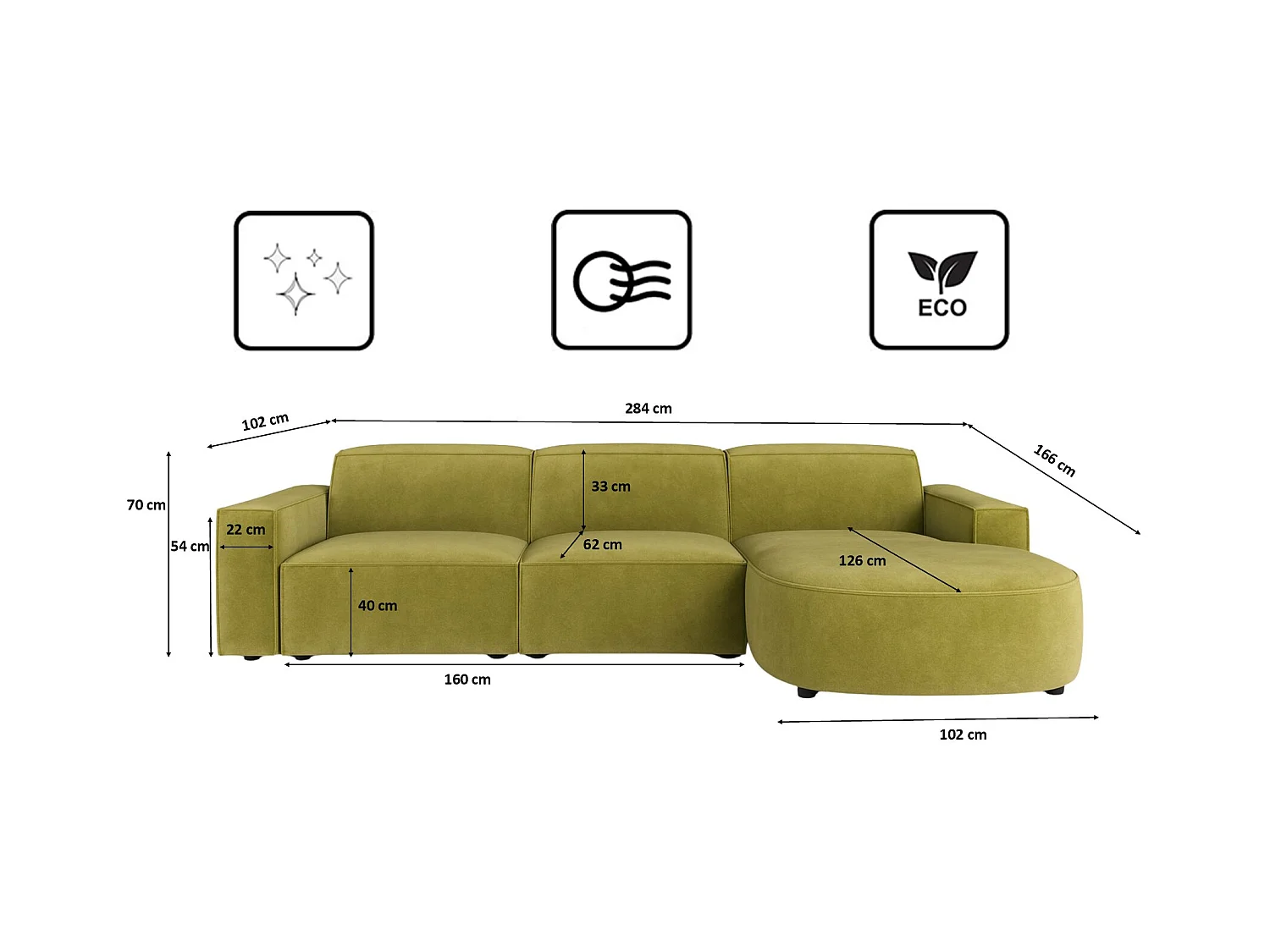 Canapé d'angle L-form Round Cursal, tissu Salvador, olive, droit