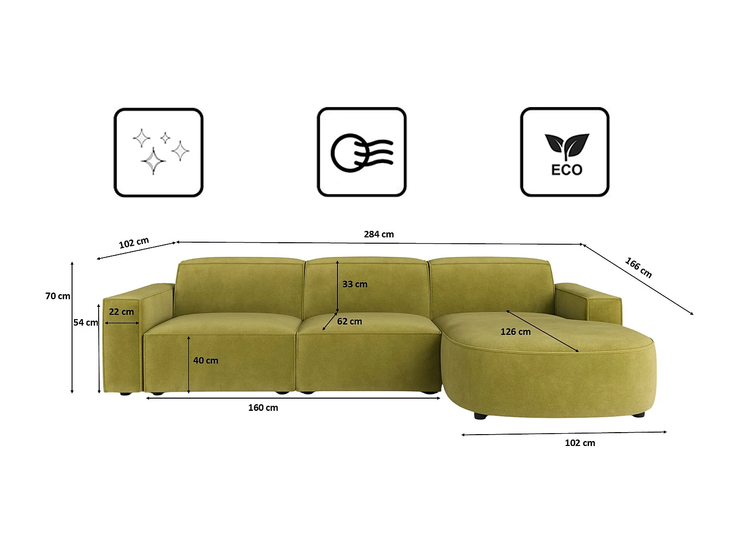 Canapé d'angle L-form Round Cursal, tissu Salvador, olive, droit
