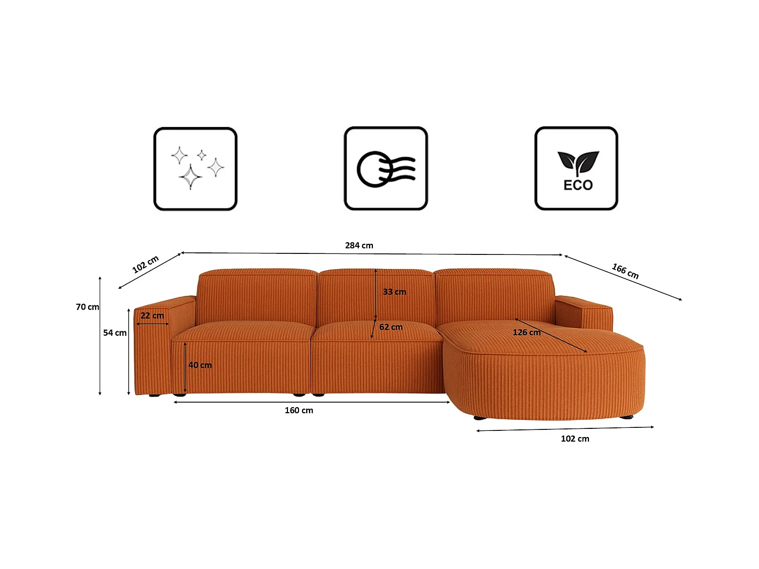 Divano angolare a L Round Cursal, tessuto Poso, rame, destra