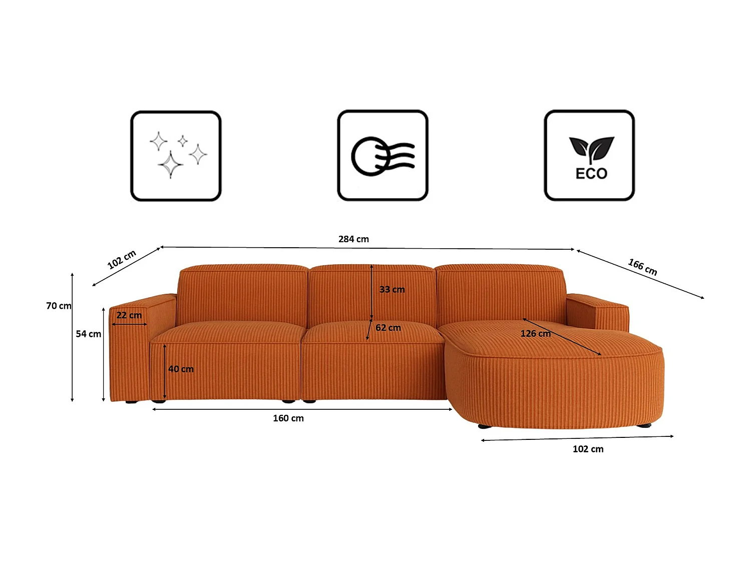 Canapé d'angle en L Round Cursal, tissu Poso, cuivre, droit