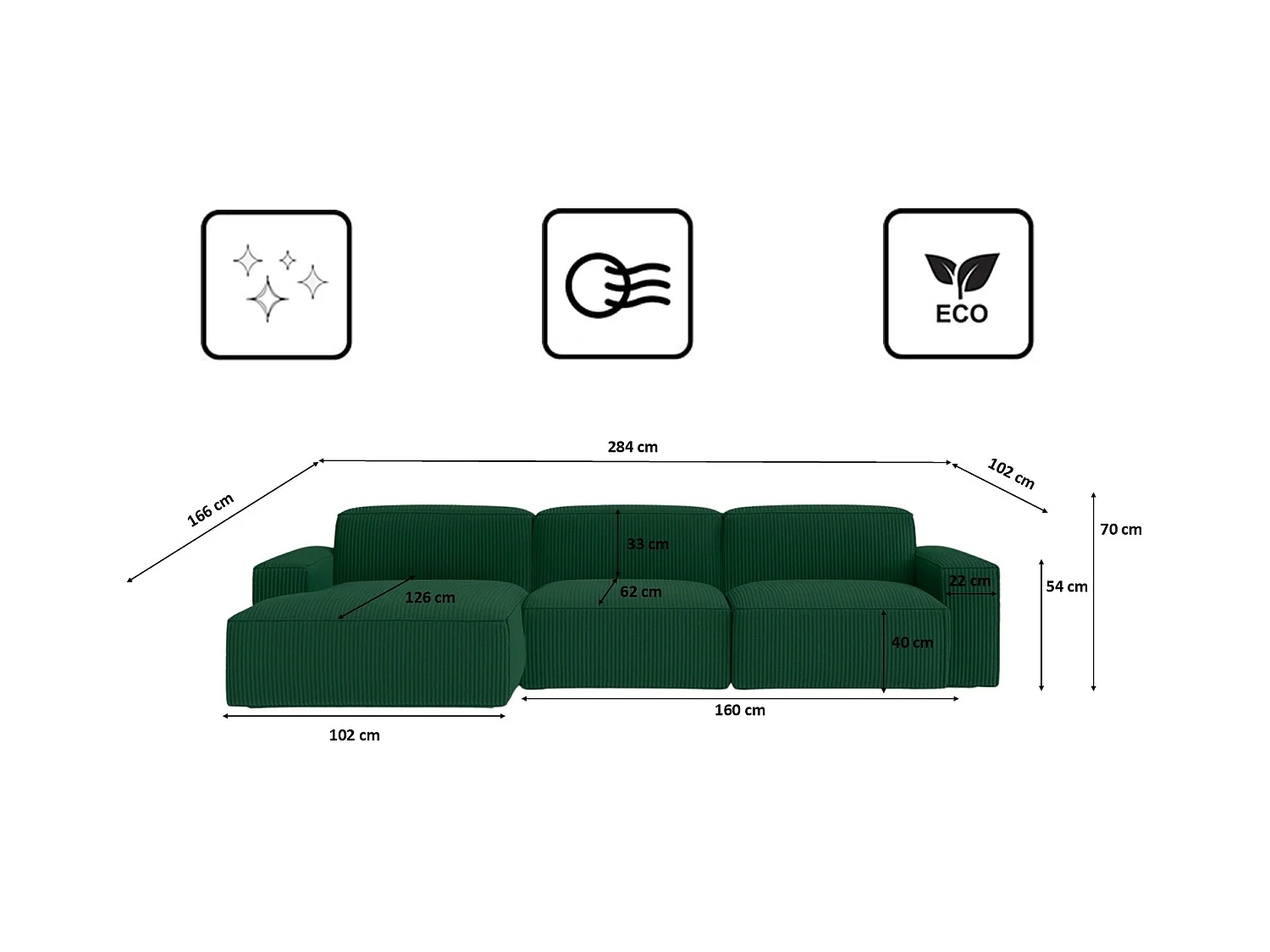 Divano angolare a L Cursal, tessuto Poso, verde, sinistro