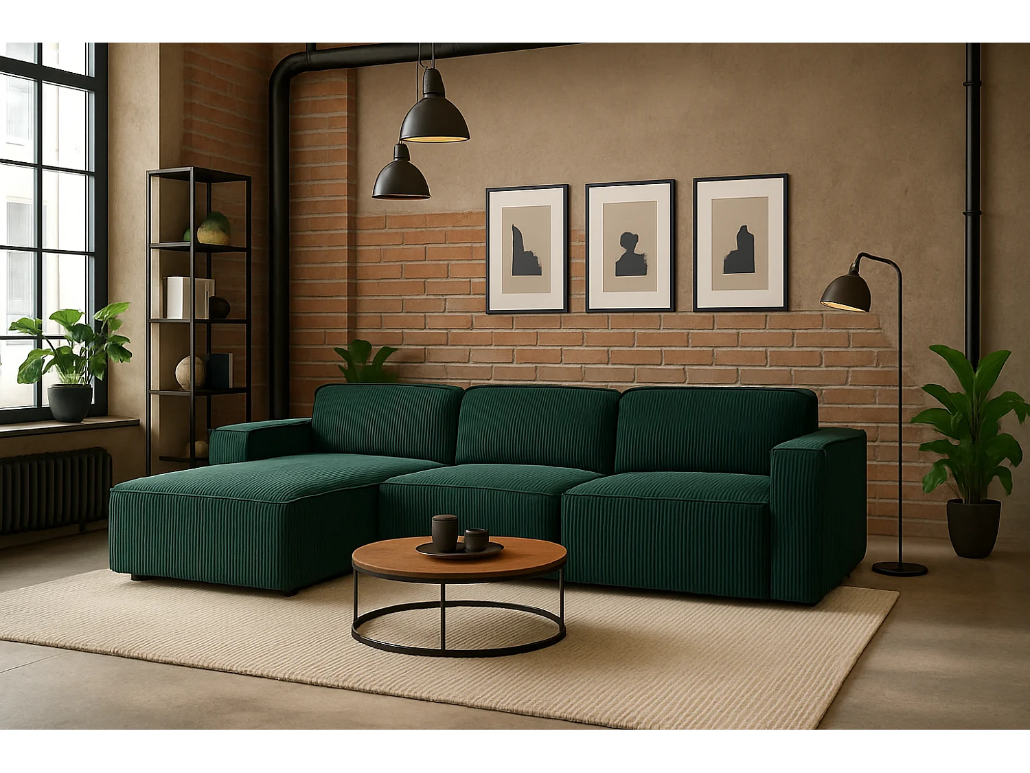 Canapé d'angle en L Cursal, tissu Poso, vert, gauche