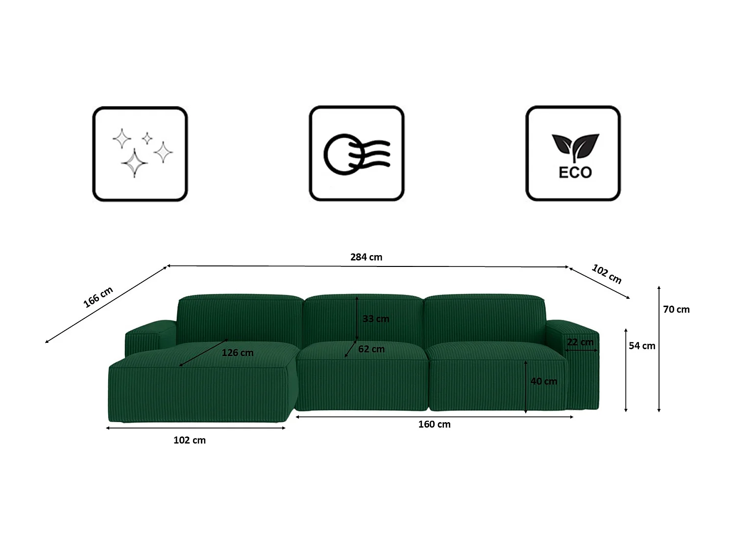 Canapé d'angle en L Cursal, tissu Poso, vert, gauche
