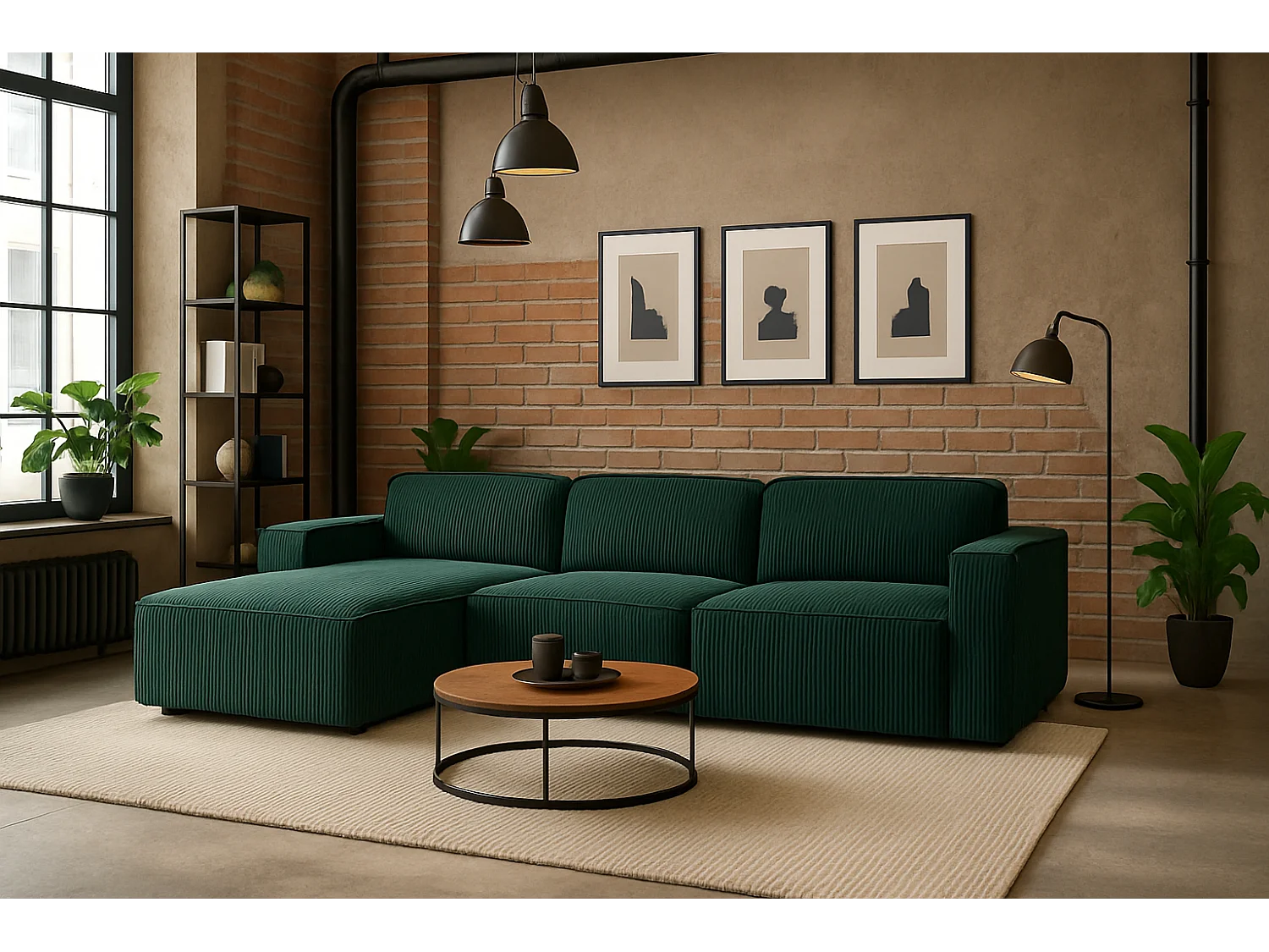 Canapé d'angle en L Cursal, tissu Poso, vert, gauche