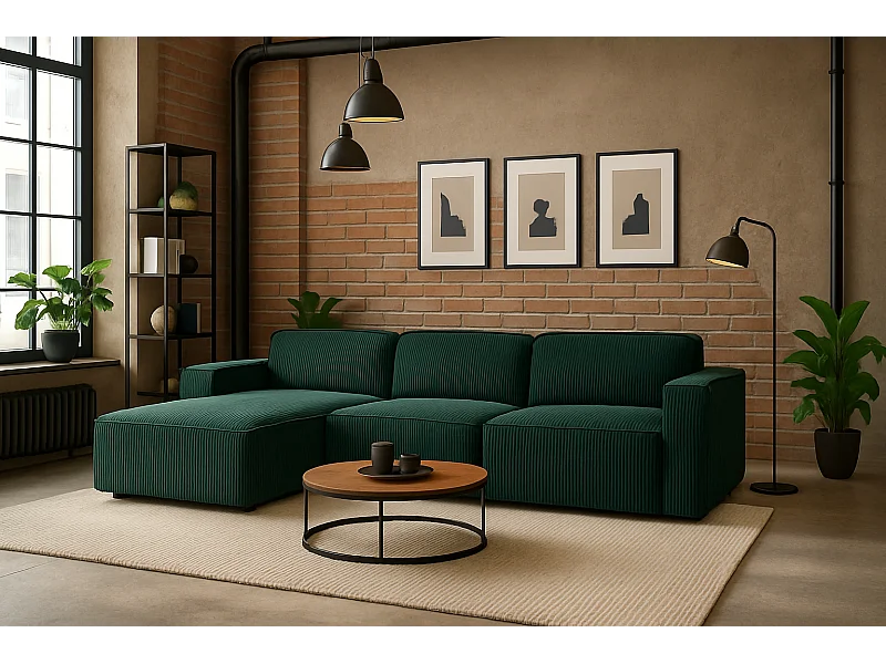 Canapé d'angle en L Cursal, tissu Poso, vert, gauche