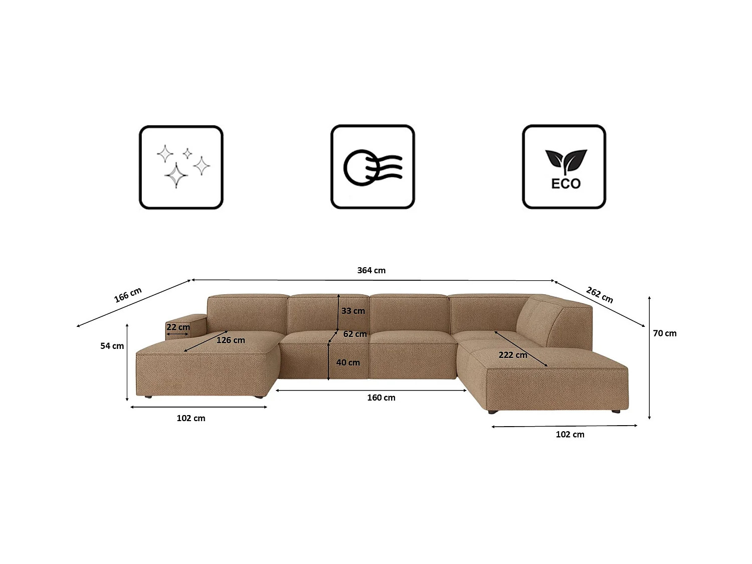 Ecksofa U-Form Cursal V, Stoff Artico, Beige, Rechts