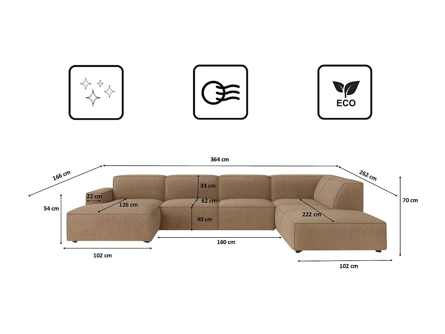 Canapé d'angle en U Cursal V, tissu Artico, beige, droit