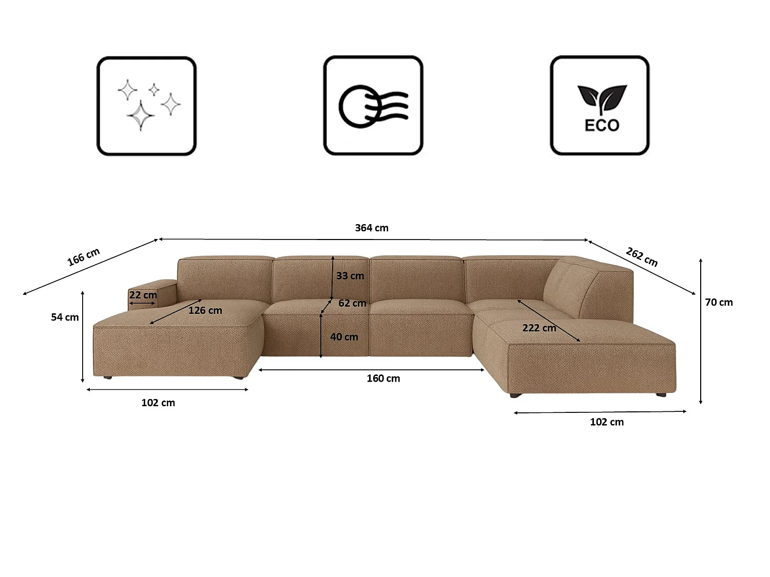 Grand canapé d'angle 6 places en tissu beige CURSAL