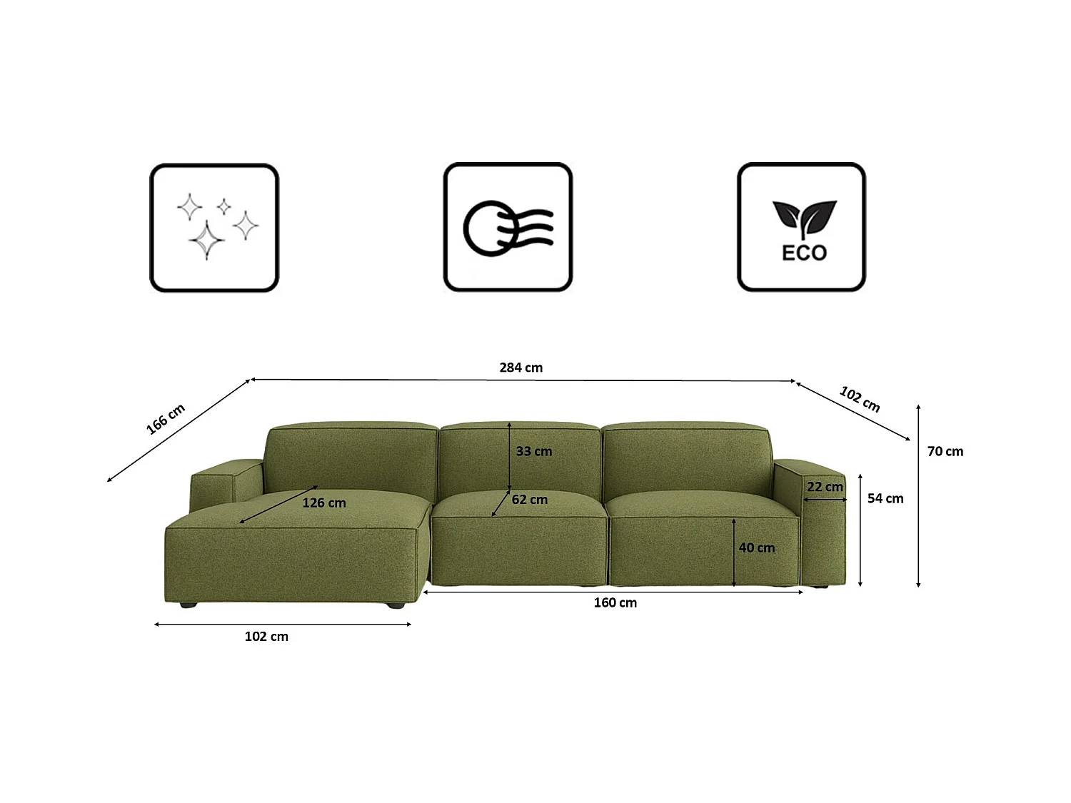 Divano angolare a L Cursal, tessuto Artico, muschio, sinistro