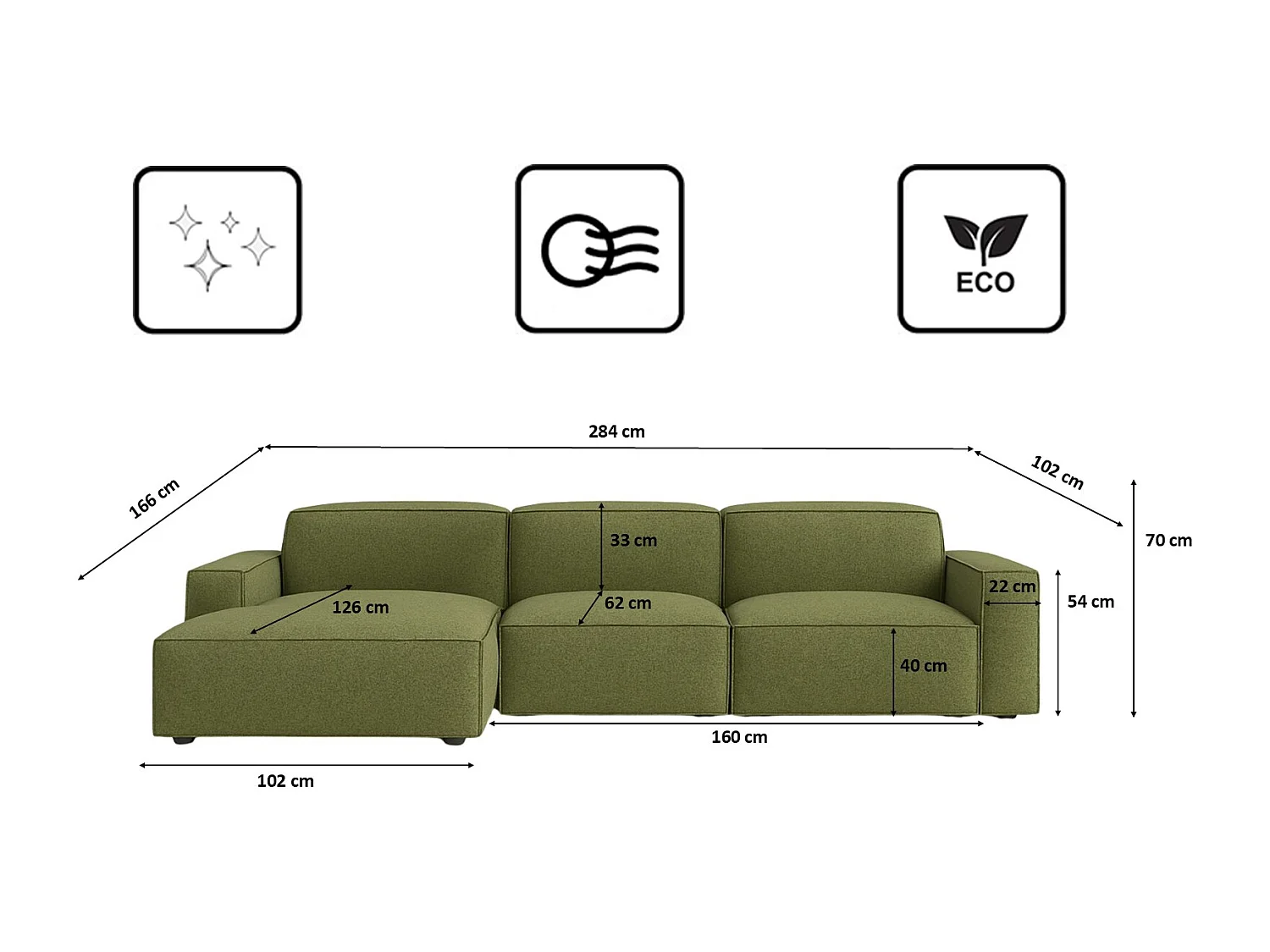 Canapé d'angle en L Cursal, tissu Artico, Moss, gauche