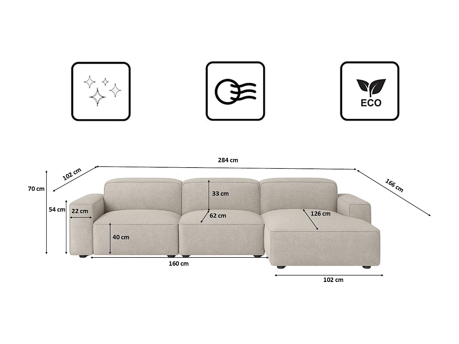 Canapé d'angle en forme de L Cursal, tissu Artico, Nata, droite