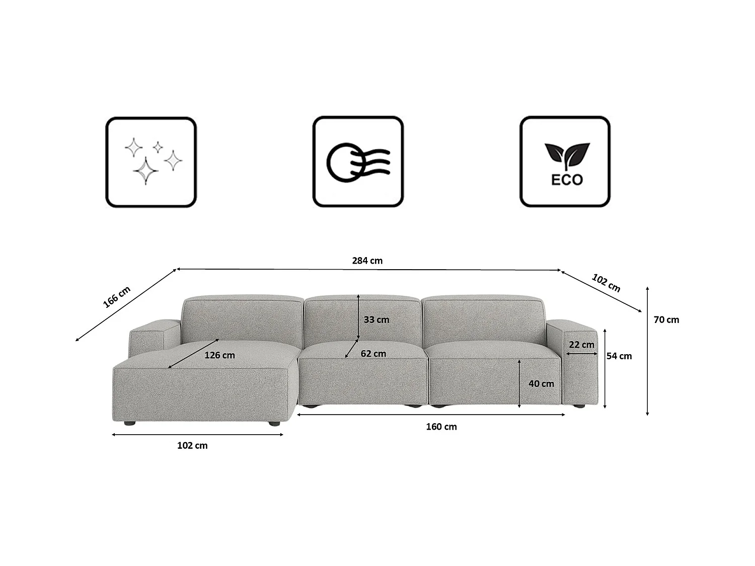 Divano angolare Cursal a L, tessuto Artico, Cemento, Sinistra