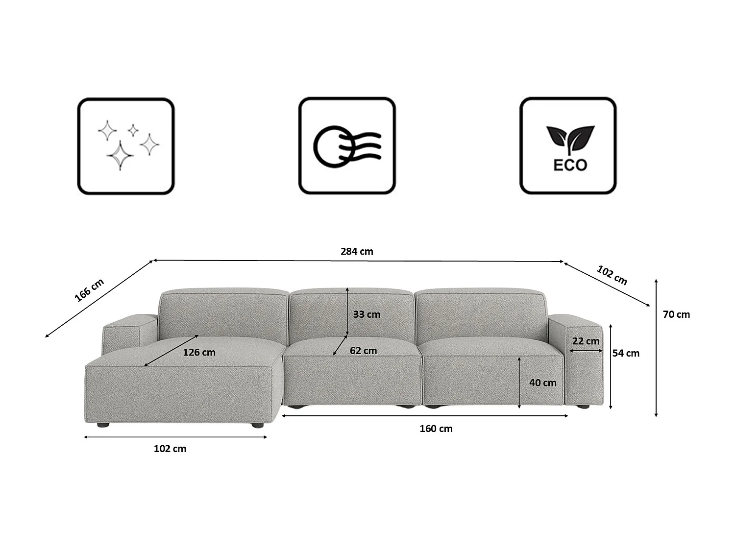 Canapé d'angle en L Cursal, tissu Artico, ciment, gauche