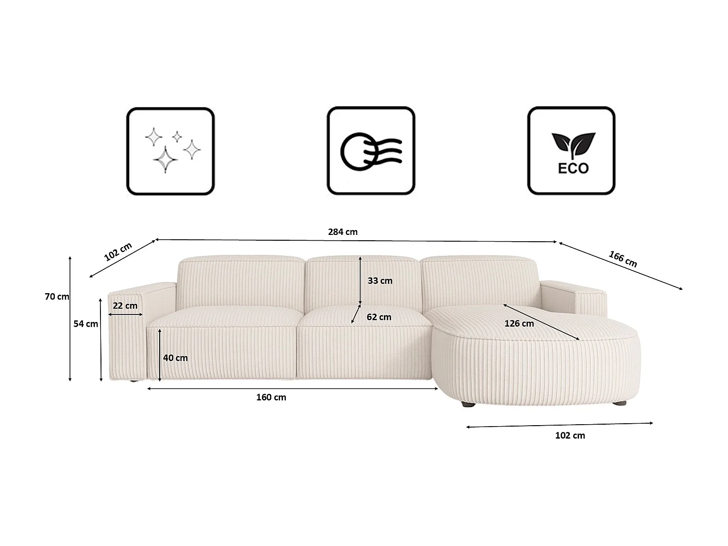 Canapé d'angle en L Round Cursal, tissu Poso, beige, droit