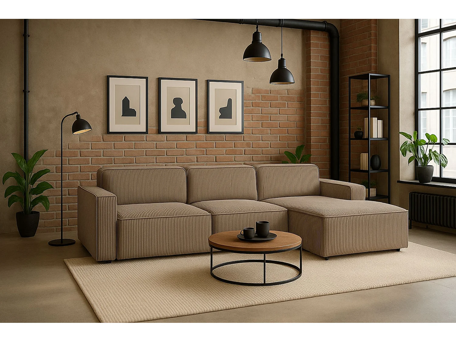 Canapé d'angle en L Cursal, tissu Poso, beige foncé, droit