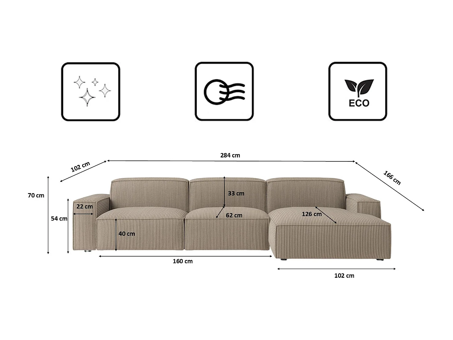 Canapé d'angle en L Cursal, tissu Poso, beige foncé, droit